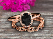 2 Carat Oval Cut Blue Black Diamond Moissanite Engagement Ring Set Floral leaf diamond wedding band Bridal Ring Set 10k Rose Gold Halo Design