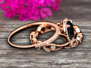 2 Carat Oval Cut Blue Black Diamond Moissanite Engagement Ring Set Floral leaf diamond wedding band Bridal Ring Set 10k Rose Gold Halo Design