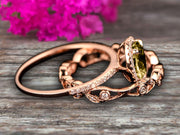 2 Carat Oval Cut Champagne Diamond Moissanite Engagement Ring Set Floral leaf diamond wedding band Bridal Ring Set 10k Rose Gold Halo Design