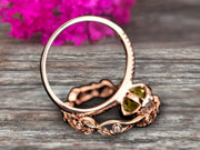 3 Carat Oval Cut Champagne Diamond Moissanite Engagement Ring Set Floral leaf diamond wedding band Bridal Ring Set 10k Rose Gold Halo Design