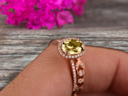 4 Carat Oval Cut Champagne Diamond Moissanite Engagement Ring Set Floral leaf diamond wedding band Bridal Ring Set 10k Rose Gold Halo Design