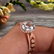 4 Carat Oval Cut Blue Aquamarine Engagement Ring Set Floral leaf diamond wedding band Bridal Ring Set 10k Rose Gold Halo Design