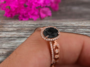 4 Carat Oval Cut Blue Black Diamond Moissanite Engagement Ring Set Floral leaf diamond wedding band Bridal Ring Set 10k Rose Gold Halo Design