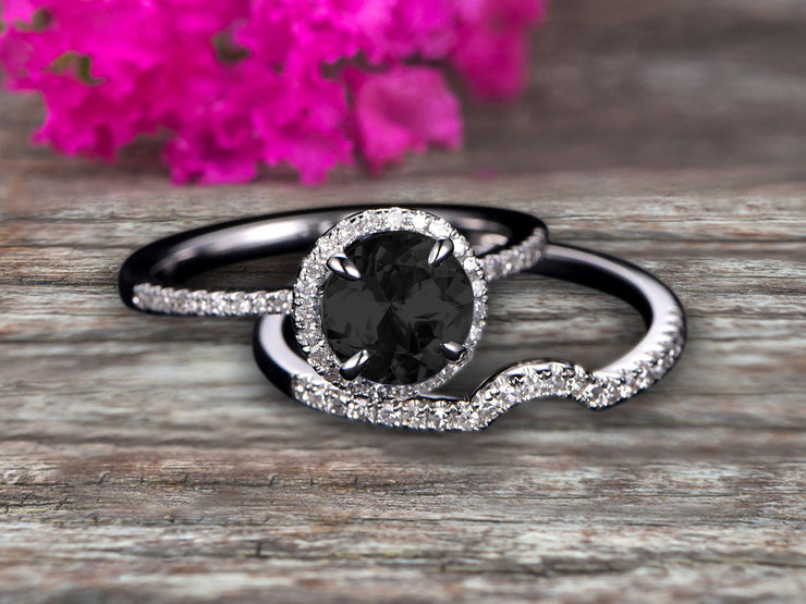 Round Cut 1.75 Carat Black Diamond Moissanite Engagement Ring Set With Curved Diamond Matching Band 10k White Gold Bridal Ring Set