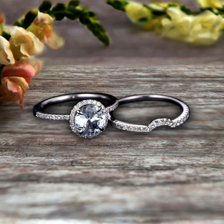 Round Cut 1.75 Carat Aquamarine Engagement Ring Set With Curved Diamond Matching Band 10k White Gold Bridal Ring Set