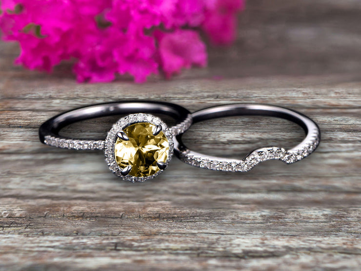 Round Cut 1.75 Carat Champagne Diamond Moissanite Engagement Ring Set With Curved Diamond Matching Band 10k White Gold Bridal Ring Set
