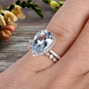 2Pcs Wedding Ring Set Pear Shape 1.75 Carat Aquamarine Engagement Ring On 10k White gold Halo Design