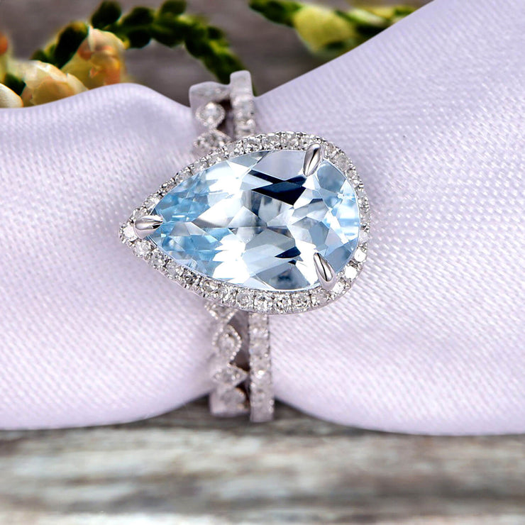2Pcs Wedding Ring Set Pear Shape 1.75 Carat Aquamarine Engagement Ring On 10k White gold Halo Design