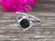 2Pcs Wedding Ring Set Cushion Cut 1.75 Carat Black Diamond Moissanite Engagement Ring On 10k White gold Matching Band Vintage Look Halo Design