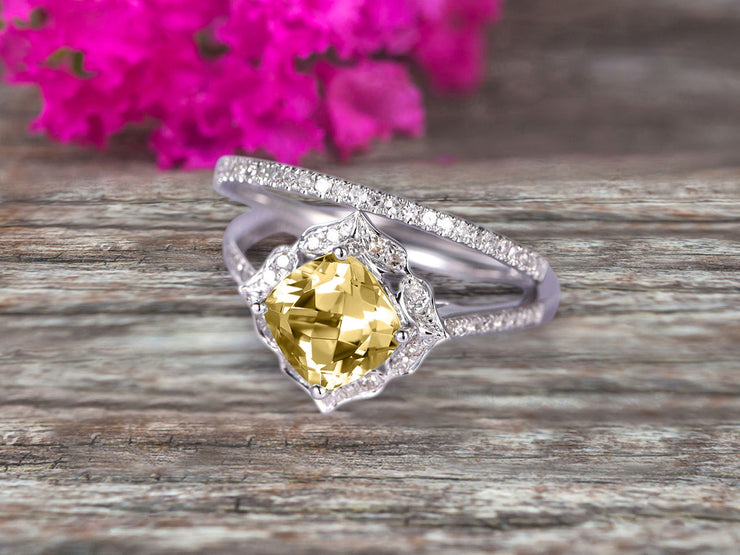 2Pcs Wedding Ring Set Cushion Cut 1.75 Carat Champagne Diamond Moissanite Engagement Ring On 10k White gold Matching Band Vintage Look Halo Design
