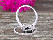 2Pcs Wedding Ring Set Cushion Cut 1.75 Carat Black Diamond Moissanite Engagement Ring On 10k White gold Matching Band Vintage Look Halo Design