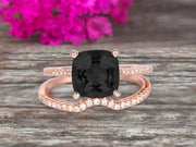 2Pcs Wedding Ring Set Cushion Cut 1.75 Carat Black Diamond Moissanite Engagement ring On 10k Rose gold Curved Wedding Band Personalized for Brides