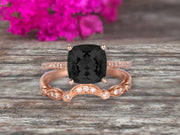 1.75 Carat 2Pcs Black Diamond Moissanite Wedding Ring Set Cushion Cut Black Diamond Moissanite Engagement Ring On 10k Rose Gold Curved Art Deco Matching Wedding Band Personalized for Brides