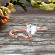 1.75 Carat 2Pcs Aquamarine Wedding Ring Set Cushion Cut Aquamarine Engagement Ring On 10k Rose Gold Curved Art Deco Matching Wedding Band Personalized for Brides