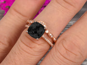 1.75 Carat 2Pcs Black Diamond Moissanite Wedding Ring Set Cushion Cut Black Diamond Moissanite Engagement Ring On 10k Rose Gold Curved Art Deco Matching Wedding Band Personalized for Brides