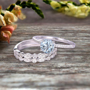 1.75 Carat 3Pcs Wedding Ring Set Aquamarine Engagement Ring Round Cut Art Deco 10k White Gold