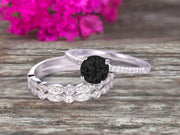 1.75 Carat 3Pcs Wedding Ring Set Black Diamond Moissanite Engagement Ring Round Cut Art Deco 10k White Gold