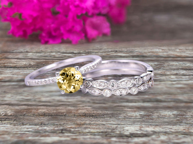 1.75 Carat 3Pcs Wedding Ring Set Champagne Diamond Moissanite Engagement Ring Round Cut Art Deco 10k White Gold