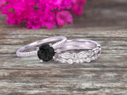 1.75 Carat 3Pcs Wedding Ring Set Black Diamond Moissanite Engagement Ring Round Cut Art Deco 10k White Gold