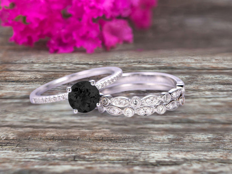 1.75 Carat 3Pcs Wedding Ring Set Black Diamond Moissanite Engagement Ring Round Cut Art Deco 10k White Gold