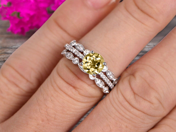 1.75 Carat 3Pcs Wedding Ring Set Champagne Diamond Moissanite Engagement Ring Round Cut Art Deco 10k White Gold