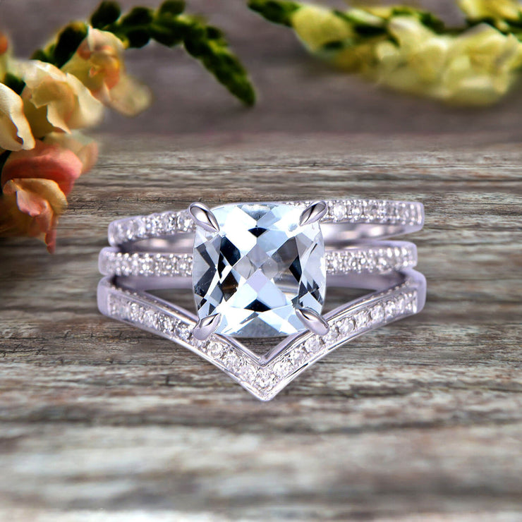 Stunning Cushion Cut Aquamarine Engagement Ring On 10k White Gold V Shape Wedding Band 3pcs Wedding Ring Set Total Carat Weight 1.75