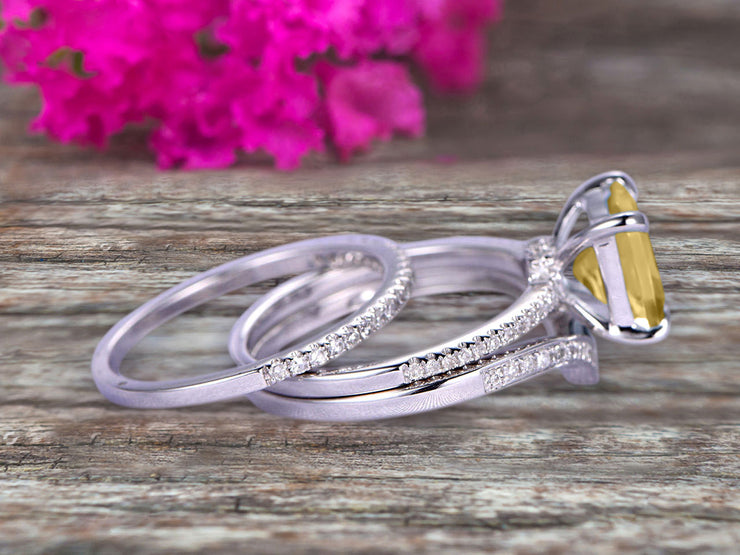 Stunning Cushion Cut Champagne Diamond Moissanite Engagement Ring On 10k White Gold V Shape Wedding Band 3pcs Wedding Ring Set Total Carat Weight 1.75