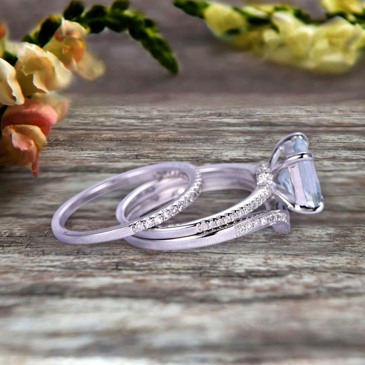Stunning Cushion Cut Aquamarine Engagement Ring On 10k White Gold V Shape Wedding Band 3pcs Wedding Ring Set Total Carat Weight 1.75