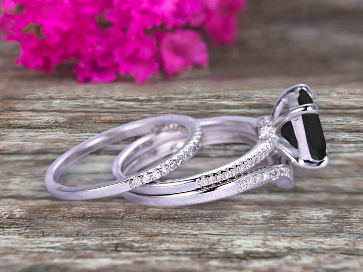 Stunning Cushion Cut Black Diamond Moissanite Engagement Ring On 10k White Gold V Shape Wedding Band 3pcs Wedding Ring Set Total Carat Weight 1.75