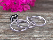 Stunning Cushion Cut Black Diamond Moissanite Engagement Ring On 10k White Gold V Shape Wedding Band 3pcs Wedding Ring Set Total Carat Weight 1.76