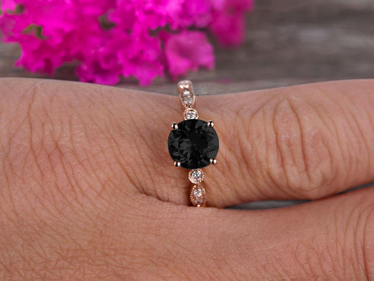 1.25 Carat Wedding Ring Black Diamond Moissanite Engagement Ring Round Cut Art Deco 10k Rose Gold Anniversary Gift Personalized for Brides