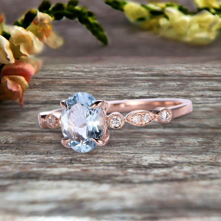 Oval Cut Art Deco 10k Rose Gold Anniversary Gift Personalized for Brides 1.25 Carat Wedding Ring Aquamarine Engagement Ring
