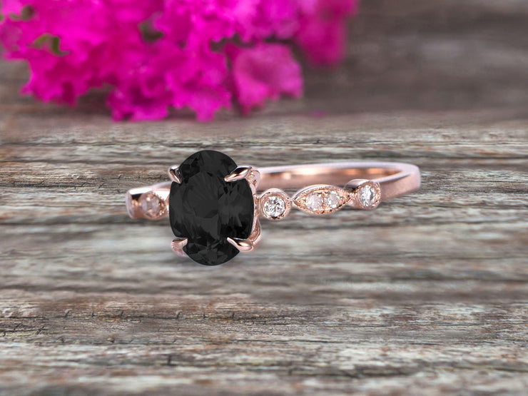 Oval Cut Art Deco 10k Rose Gold Anniversary Gift Personalized for Brides 1.25 Carat Wedding Ring Black Diamond Moissanite Engagement Ring