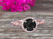 1.50 Carat Wedding Ring Black Diamond Moissanite Engagement Ring Round Cut Art Deco 10k Rose Gold Halo Design Anniversary Gift Personalized for Brides
