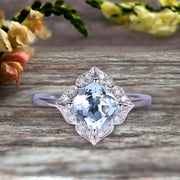 Cushion Cut 1.25 Carat Vintage Floral Aquamarine Engagement Ring On 10k White Gold Anniversary Gift Personalized for Brides
