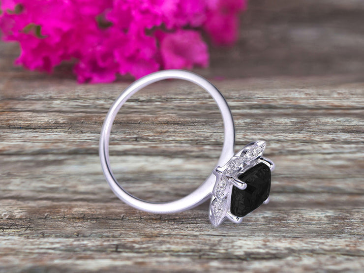Cushion Cut 1.25 Carat Vintage Floral Black Diamond Moissanite Engagement Ring On 10k White Gold Anniversary Gift Personalized for Brides