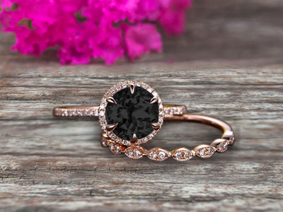 1.75 Carat Round Cut VS Black Diamond Moissanite Engagement Ring Set 10k Rose Gold Milgrain Band Halo Anniversary Gift Personalized for Brides