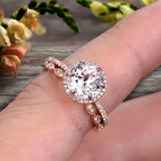 1.75 Carat Round Cut VS Morganite Engagement Ring Set 10k Rose Gold Milgrain Band Halo Anniversary Gift Personalized for Brides