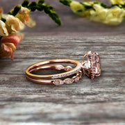 1.75 Carat Round Cut VS Morganite Engagement Ring Set 10k Rose Gold Milgrain Band Halo Anniversary Gift Personalized for Brides