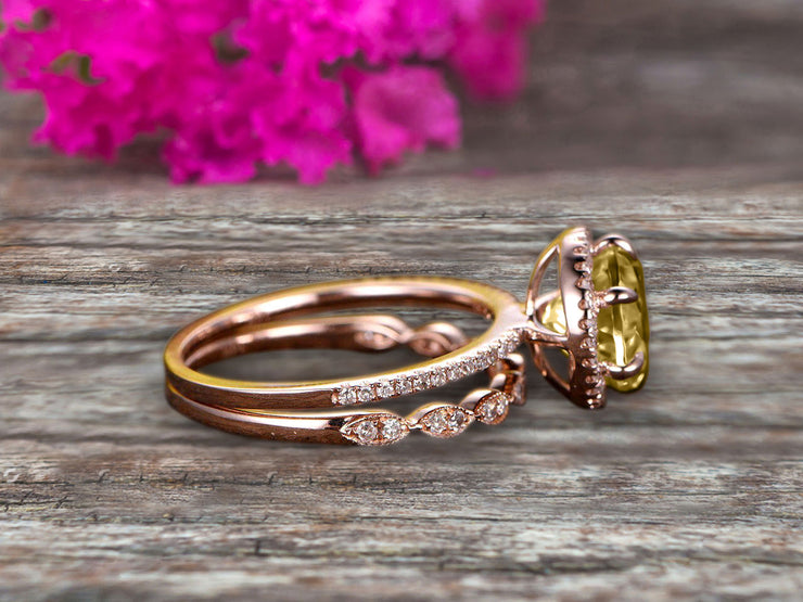 1.75 Carat Round Cut VS Champagne Diamond Moissanite Engagement Ring Set 10k Rose Gold Milgrain Band Halo Anniversary Gift Personalized for Brides