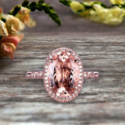 1.75 Carat Oval Cut Morganite Engagement Ring On 10k Rose Gold Halo Stackable Ring Art Deco Anniversary Gift Personalized for Brides