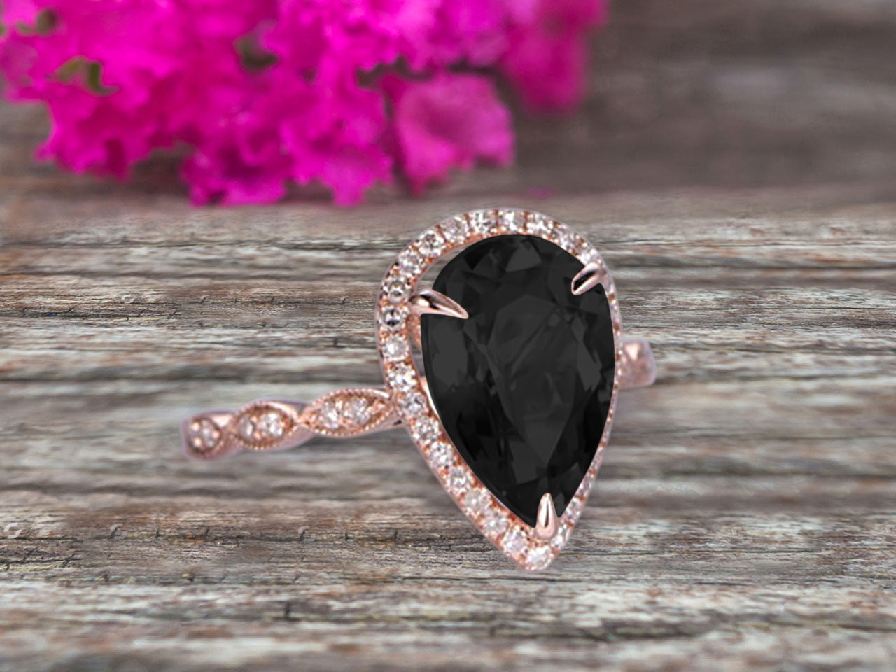 Milgrain Pear Shape 1.50 Carat Black Diamond Moissanite Engagement Ring 10K Rose Gold Black Diamond Moissanite Ring Wedding Ring Art Deco Antique