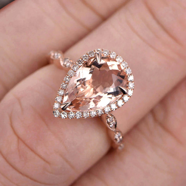 Milgrain Pear Shape 1.50 Carat Pink Morganite Engagement Ring 10k Rose Gold Morganite Ring Wedding Ring Art deco Antique style