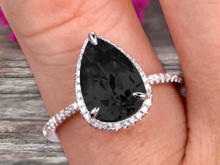 1.50 Carat Pear shaped Black Diamond Moissanite Engagement Ring 10k White Gold Halo setting