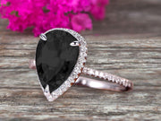 1.50 Carat Pear shaped Black Diamond Moissanite Engagement Ring 10k White Gold Halo setting