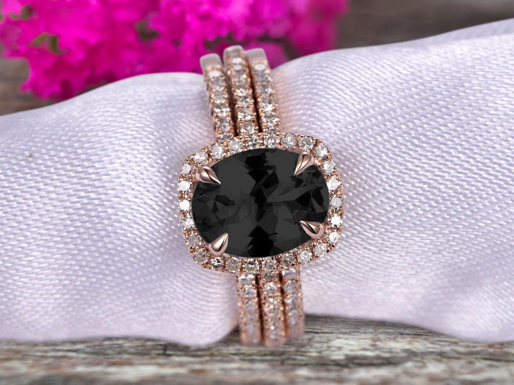 3 Carat Oval Cut Black Diamond Moissanite Engagement Ring 10k Rose Gold With Matching Band