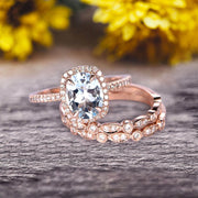 2 Carat Oval Cut Aquamarine Engagement Ring 10k Rose Gold With Art Deco Vintage Looking Matching Wedding Band