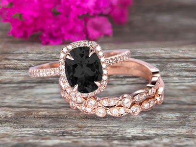 2 Carat Oval Cut Black Diamond Moissanite Engagement Ring 10k Rose Gold With Art Deco Vintage Looking Matching Wedding Band
