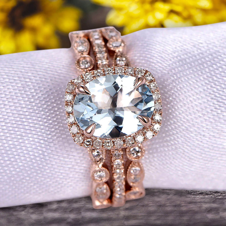 3 Carat Oval Cut Aquamarine Engagement Ring 10k Rose Gold With Art Deco Vintage Looking Matching Wedding Band