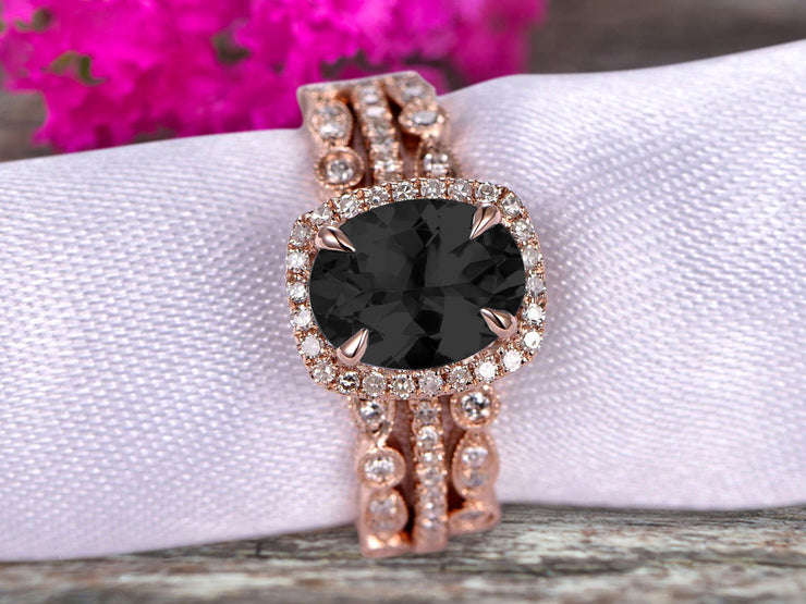 3 Carat Oval Cut Black Diamond Moissanite Engagement Ring 10k Rose Gold With Art Deco Vintage Looking Matching Wedding Band